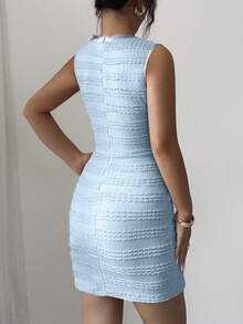 de 2 piezas de mujer con textura de punto de lazo, botones de perlas falsas, elegante satén francés, vestido de estirar ajustado para primavera/verano/principios de otoño, vestido de verano - Negro - Ver 9