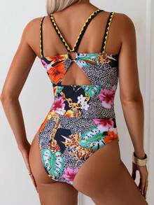 Swim Lushoire 2pcs Women's Sexy Floral & Leopard Print Bikini Set, Spaghetti Strap Backless Swimsuit, Vacation Style - Multicolor - View 5