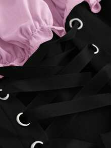 ROMWE Fairycore 女士露肩荷叶边系带时尚百搭休闲上衣 - 彩色 - 查看 4