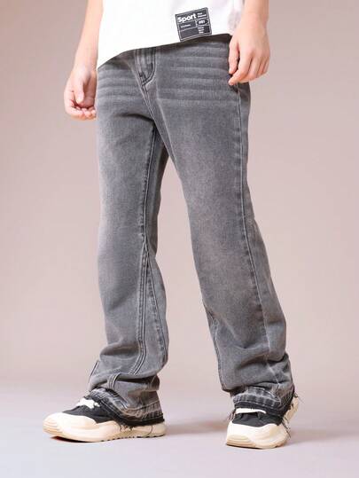  SUMWON Boys Flared Grey Washed Denim Jeans With Relaxed Fit And Classic Five Pocket Design For Casual Everyday Wear Vacation