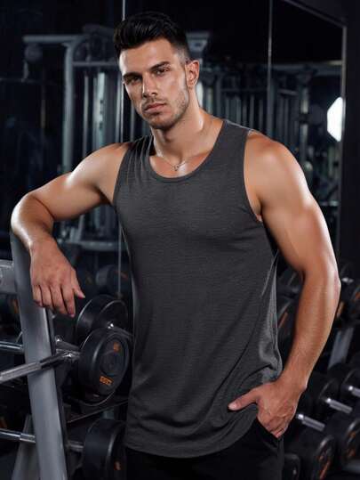 GymBeat Men's Solid Color Round Neck Casual Fitness Sports Tank Top