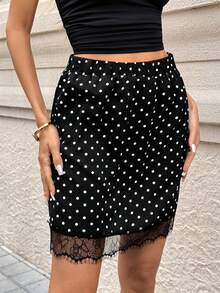 Pariaura Y2K甜美前卫黑色波点蕾丝边弹力腰迷你裙；法式复古黑色波点蕾丝边高腰迷你裙；柔美少女黑色波点蕾丝边弹力腰迷你裙；极简暗黑学院风黑色波点蕾丝边休闲迷你裙；优雅休闲黑色波点蕾丝边办公室迷你裙 - 黑與白 - 查看 6