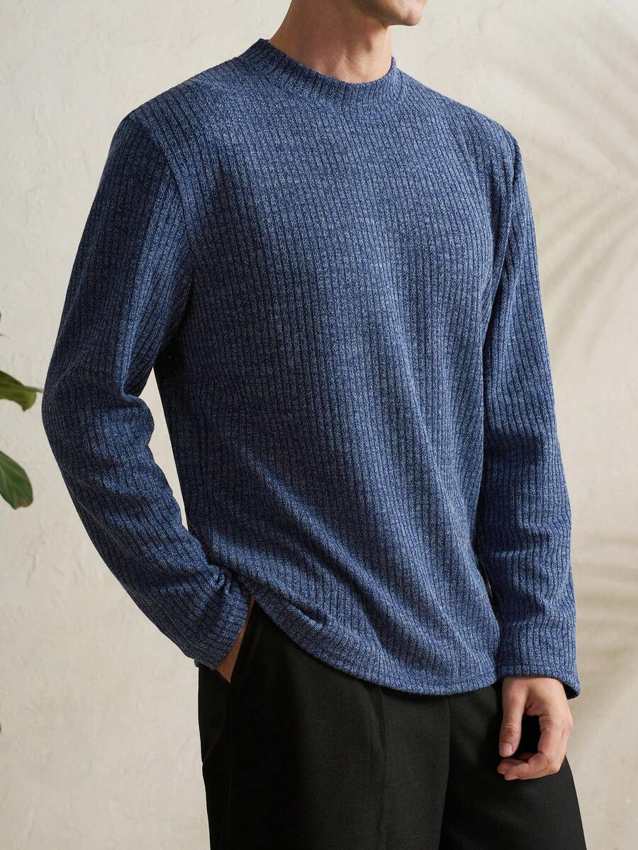 Manfinity Dauomo Áo thun dài tay nam màu trơn, chất liệu dệt kim gân, kiểu dáng thường ngày, đa năng cho việc đi làm, mùa xuân/thu. - Màu xanh lam - Xem 1