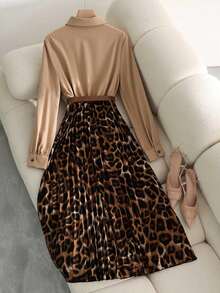 Franclia Petite 女士优雅收腰修身豹纹褶裥连衣裙，适合办公室通勤 - 咖啡 - 查看 2