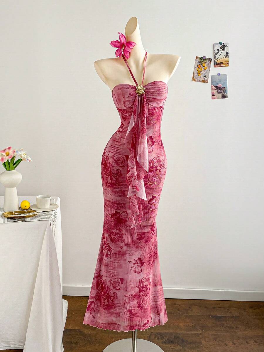 Soleia Đầm maxi ôm dáng dành cho nữ, in họa tiết hoa, phối bèo nhún, viền ren và trang trí hoa 3D bằng kim loại, thích hợp cho kỳ nghỉ. - Nhiều màu - Xem 1