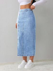 SHEIN Tall Jupe en jean pour femmes, jupe mi-longue décontractée et ample avec fente sur le côté, bleu clair, pour grandes tailles. Jupe bleue pour l'hiver, vêtements pour femmes - Jean clair - Voir 6