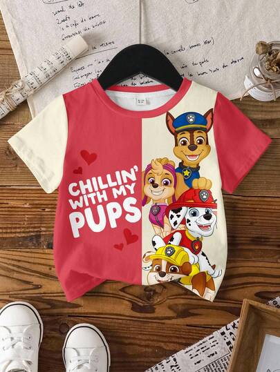 SHEIN | PAW Patrol T-shirt med tecknad hund och bokstäver, färgblock och kortärmad, sommar för ung flicka