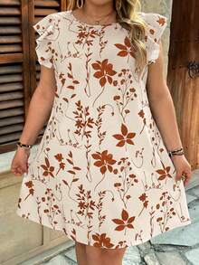 SHEIN VCAY Plus Size Women Floral Print Round Neck Casual Swing Dress - Apricot - View 3
