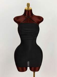 Amplova 女士性感露背吊带迷你连衣裙 - 黑色 - 查看 2