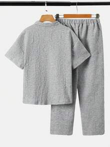 SHEIN 2件套休闲街头风拼接V领短袖T恤和直筒针织裤，适合青少年男孩 - 淺灰色 - 查看 2