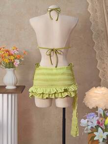 Bellisia Women's Summer Beach Solid Color Frill Halter Tie Sexy Bikini Swimwear Set With Cover-Up Skirt - Yellow - View 2