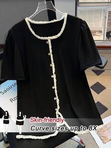 SHEIN CURVE+ Plus Size Women Elegant Contrast Color Lace Blouse T-Shirt, Summer Tops For Women Elegant Cute Black Tops Goth Top Curve Size Tops Black Top With White Trim Black Lace Trim Top - Black - View 5
