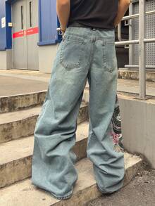 ROMWE MEN Men's Loose Fit Wide Leg Dragon Embroidery Pattern Jeans - White - View 3