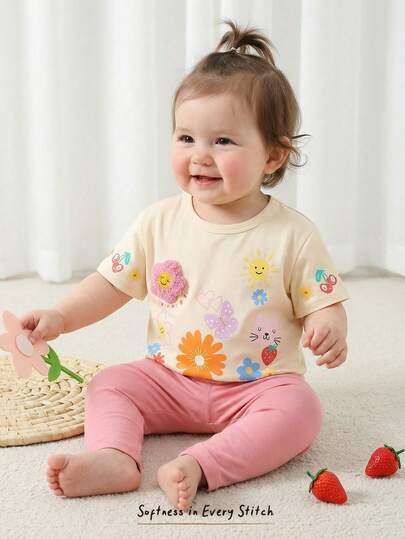Cozy Pixies 2pcs Baby Girl Floral Print Knit Soft Round Neck Short Sleeve Top And Elastic Waist Pants Set