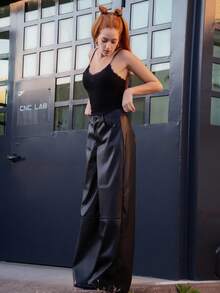 SILVIA DI SANTO 女士皮革女裤纯色前扣简约休闲裤、日常穿着、女士下装 - 黑色 - 查看 4