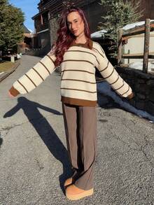 Abrilcols كنزة صوفية كاجوال محبوكة بياقة عالية مخططة باللون المتداخل، خريف/شتاء - متعدد الألوان - مشاهدة 4