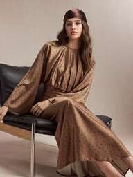 BizChic Vestido feminino vintage marrom com estampa de bolinhas, gola redonda e pregas assimétricas, coleção primavera/verão 2026. Ideal para casamentos, festas, shows, uso diário, Halloween, Natal, Dia Nacional e Ano Novo. Elegante e moderno.