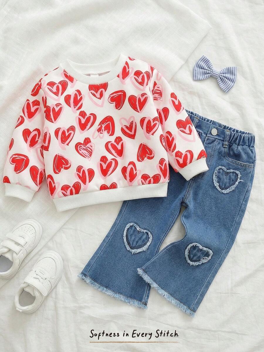 Cozy Pixies Suéter de cuello redondo de manga larga con estampado de corazón tejido suave para bebé niña, adecuado para el Día de San Valentín - Rojo y blanco - Ver 1