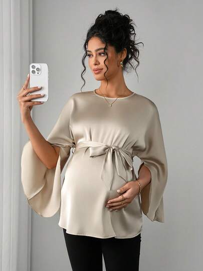 SHEIN 孕妇纯色圆领喇叭袖系腰优雅上衣
