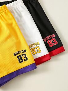 SHEIN 6pcs/Set Baby Boy Sports Style Cute Summer Letter Print Contrast Color Tank Top&Elastic Waist Shorts Multi-Color Outfit,Basketball Jersey,Set - Multicolor - View 4
