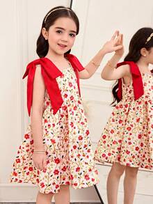 SHEIN Young Girl Ditsy Floral Slip Princess Dress,White Summer Party Flower Girl Dress,Woven Contrast Color Square Neck Cherry Dress For Kids Daily Wear - Hot Pink - View 7
