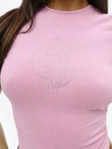 BABYPHAT 女式短款T恤，饰有水钻，短袖圆领，修身棉质，休闲春夏款 - 粉色 - 查看 5