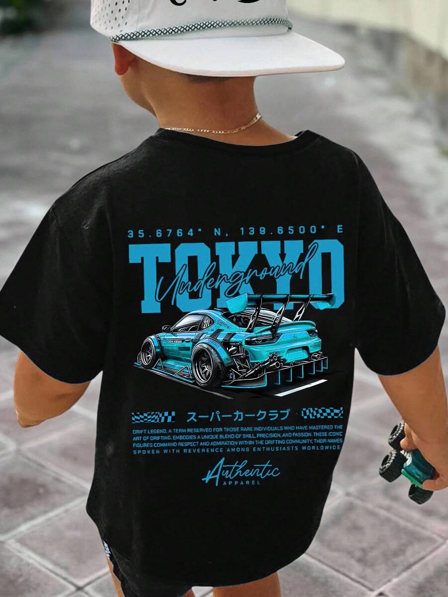 男婴休闲宽松舒适复古汽车、卡通、涂鸦、英文字母印花短袖上衣，适合夏季穿着 - 黑色 - 查看 1