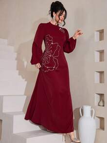 Al Najma Burgundy Elegant Beaded Lantern Sleeve Flared Hem Dress, Slimming, Spring/Summer - Burgundy - View 2