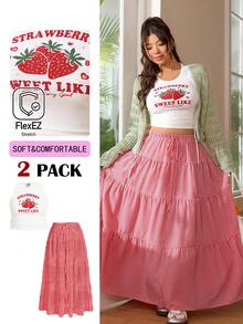 Solflare 2026春夏新款情人节度假休闲日常派对约会音乐节返校新年草莓字母印花弹力针织吊带背心和红白格子宽松A字裙两件套，大码 - 彩色 - 查看 7