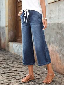 EMERY ROSE Women's Drawstring Waist Pockets Casual Wide Leg Loose 7/8 Length Jeans - Blue - View 4