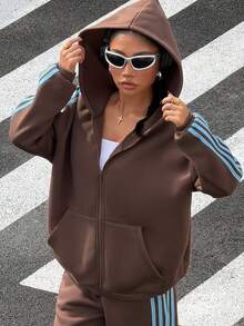 Muchica Sudadera con capucha de punto casual con cremallera delantera, de manga larga y hombros caídos, a rayas, en color marrón, para mujer