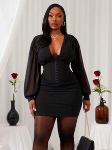 SHEIN SXY Plus Size Women's Solid Color Deep V-Neck Long Sleeve Front Button Ruched Fitted Sexy Fashion Dress,Suitable For Casual Outings, Dates, Birthday,Cocktail, Formal Event, Valentine's Day,Elegant Dresses For Women,Holiday Dress,Casual Dresses For Women,Valentine's Day - Black - View 4