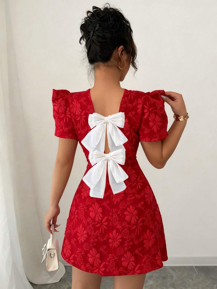 Elenzga 女士优雅提花蝴蝶结装饰短裙，夏季 - 紅色 - 查看 1