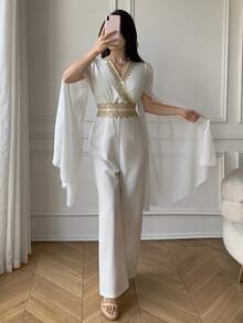 Celisse Women's Elegant Patchwork Ribbon Slit Sleeve Jumpsuit, Autumn