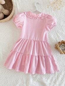 SHEIN 女童优雅甜美粉白格子荷叶边领短袖衬衫裙，A字格子拼接设计，适合春夏外出、拍照、日常穿着和上学穿着。 - 粉色 - 查看 2