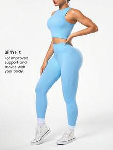 Seamluxe SHEIN Sport Bộ đồ thể thao nữ màu trơn cổ tròn gồm áo tank top và quần legging ngắn tay. - Màu xanh nhạt - Xem 3