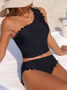 SHEIN Swim Lushore 26SS 春夏度假成熟优雅沙滩印花黑色吊带比基尼套装，新款女士泳装到货，适合上学、度假、约会、下午茶、西式、邮轮、海滩、海岛、公路旅行、四季皆宜、音乐节、波西米亚风度假、秋日休闲、西式波西米亚风，优雅女士单肩比基尼两件套沙滩套装高腰泳衣套装曲线泳装套装收腹泳衣两件套 - 黑色 - 查看 1