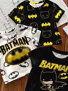 BATMAN X SHEIN 3件套男婴休闲简约上衣，经典酷炫Logo图案T恤套装，适合春夏穿着 - 彩色 - 查看 3