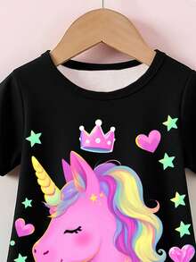 1件女童夜光独角兽印花针织短袖睡衣连衣裙