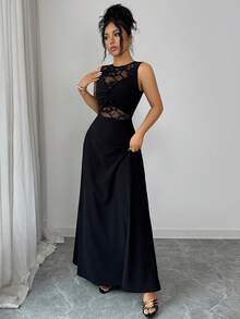 Elenzga Women's Elegant Romantic Sexy Party Lace Patchwork Round Neck Twist Waist Flowy Dress - Black - View 3