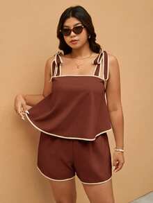 Elaquor 大码女式度假系带吊带背心和短裤休闲两件套 - 紅木色 - 查看 6