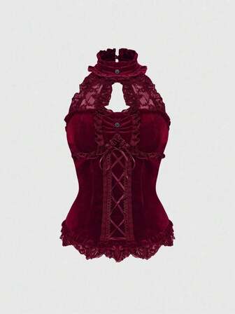 Fairycore Elegantes Gothic-Oberteil mit Stehkragen aus Samt und Spitze-Patchwork, mit Bindung in der Taille für Frauen