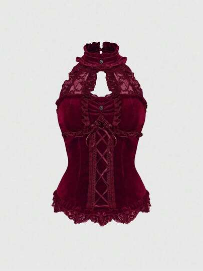 Fairycore Canotta da donna elegante in stile gotico con colletto alto, in velluto e pizzo, con laccetti in vita