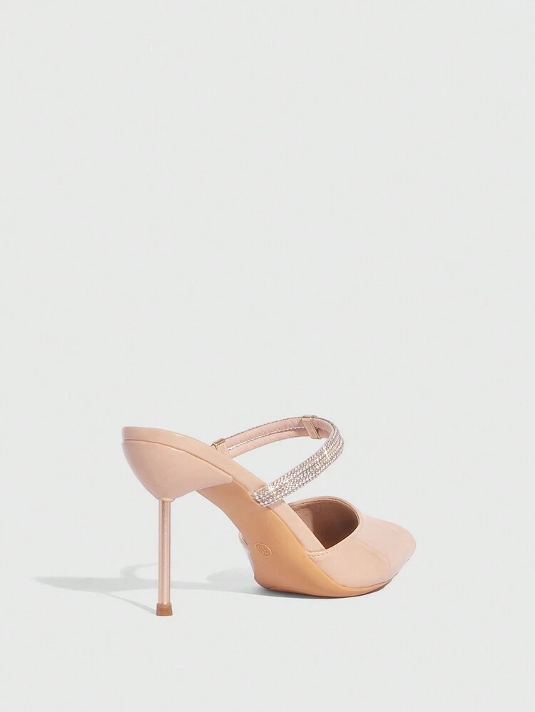 CUCCOO SZL Women's Apricot Elegant Pointed Toe High Heel Pumps, Rhinestone Decor Pointed Toe Patent Leather Sexy Versatile Mule Slip-On High Heel Shoes, Alluring Party Sexy Ankle Strap Stiletto High Heel Fashion Pumps, Suitable For Office, Outdoor, Wedding, Gala, Party, Spring, Easter