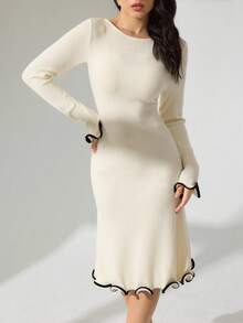 Modelyn Autumn/Winter Sexy Ruffle Hem Ribbed Knit Long Sleeve Bodycon Dress Fall Cloth For Women - Beige - View 4