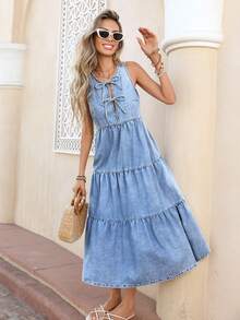 Selianne Women's Vacation Tie Front Ruffle Hem Sleeveless Denim Dress