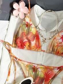 Swim Mod 2件套女士随机印花细肩带沙滩度假比基尼套装，夏季