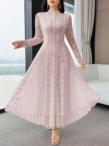 Feyla Women's Floral Lace Patchwork Pleated Hem Elegant Dress - Pink - View 5