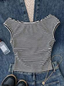 Teen Girls' Casual Elegant Asymmetric Shoulder Fitted Striped Black & White Knit Camisole, Suitable For Vacation, School, Daily Wear, Spring/Summer - Black - View 5