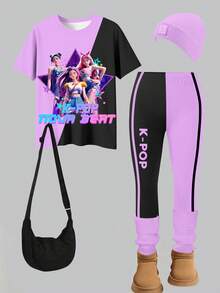一套少女时尚明星K-POP女团紫色和黑色撞色印花短袖圆领T恤和打底裤套装，适合夏季外出和度假的时尚装扮 - 彩色 - 查看 3